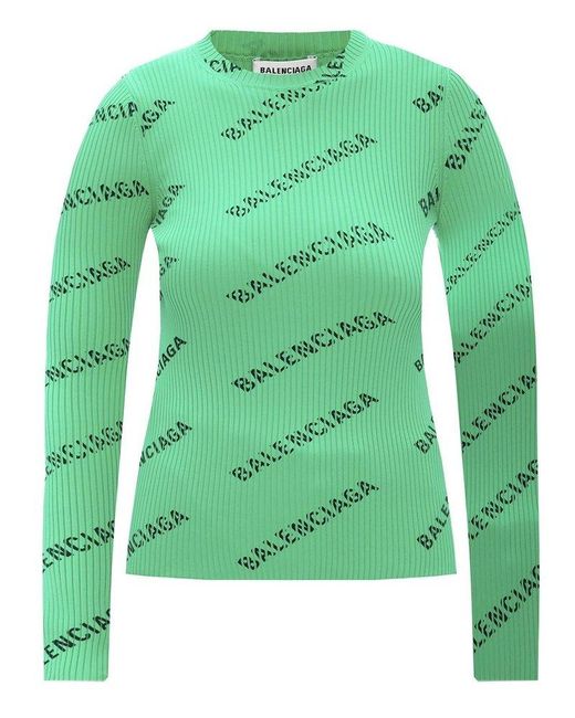 Balenciaga All Over Logo Ribbed-knit Top in Green | Lyst