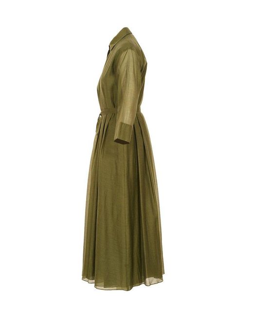 Max Mara Green Belted Long-sleeved Dress