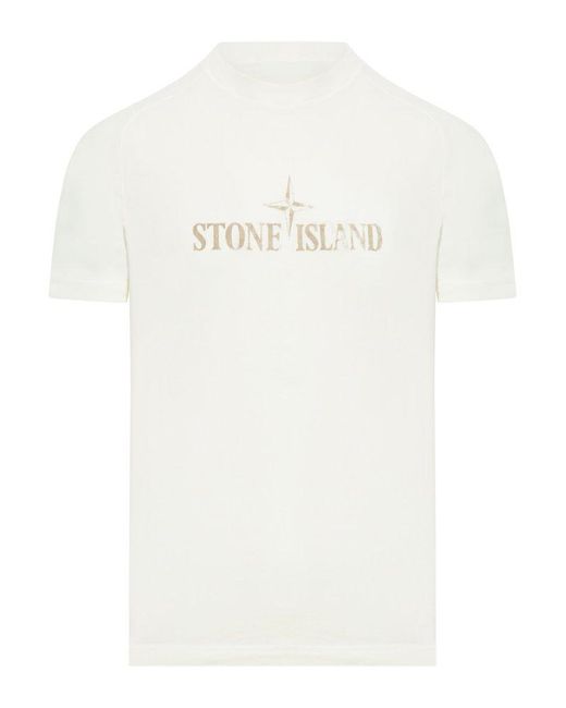 Stone Island White Logo Printed Crewneck T-Shirt for men