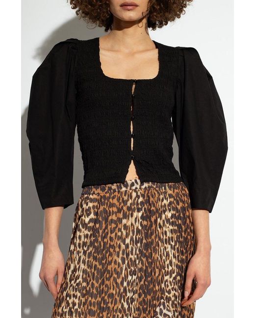 Ganni Black Top With Puff Sleeves