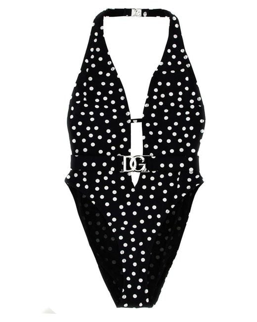 Dolce & Gabbana Black Logo Polka Dot One-piece Swimsuit Beachwear