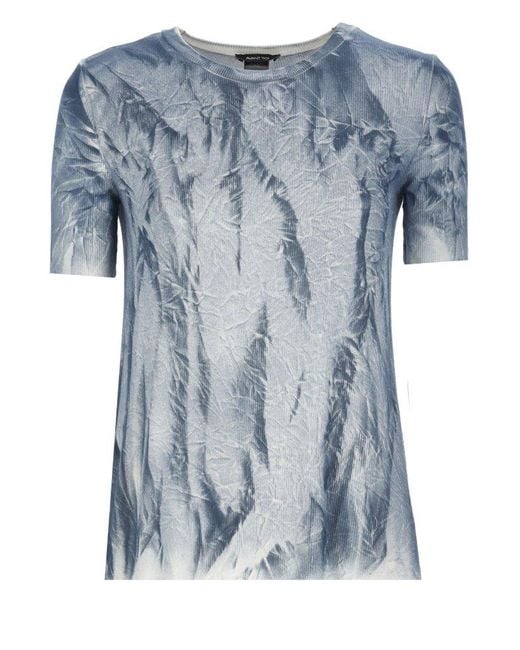 Avant Toi Blue Feather Print Short Sleeve Top