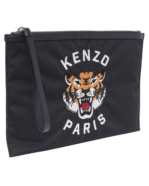 KENZO Black Tiger Embroidered Zip-up Pouch for men