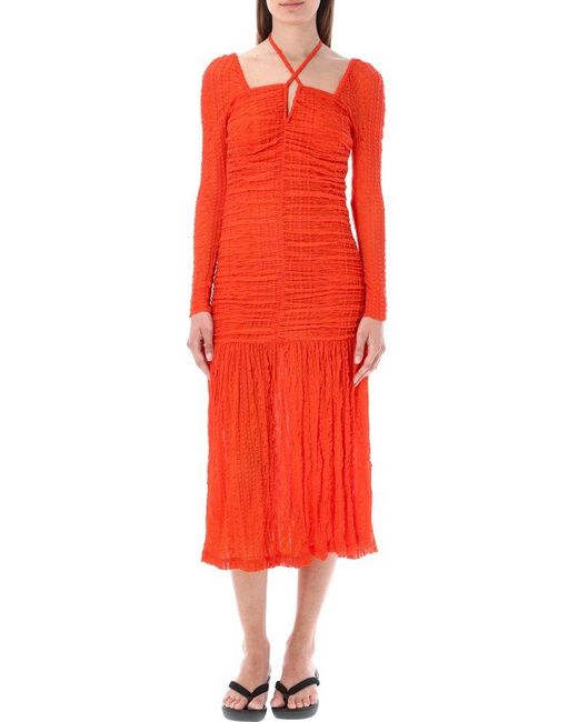 Ganni Orange Stretch Lace Gathering Midi Dress