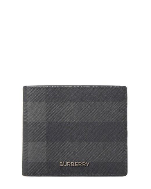 Burberry Leather Checked Logo Plaque Bifold Wallet in Gray for Men | Lyst
