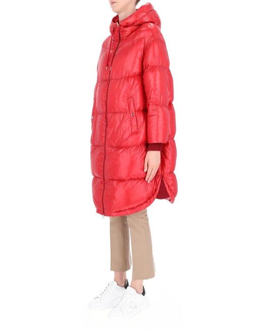 Herno Red Quilted Hooded Drawstring Down Coat