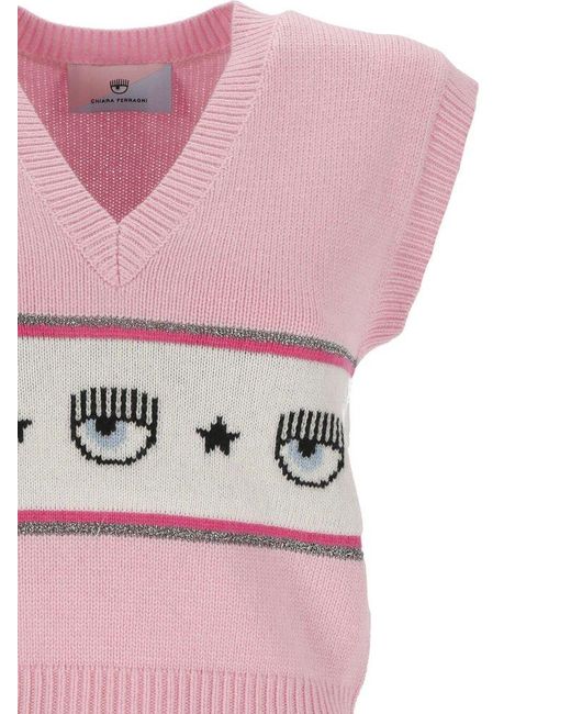 Chiara Ferragni Pink Eyelike Intarsia-Knit V-Neck Vest