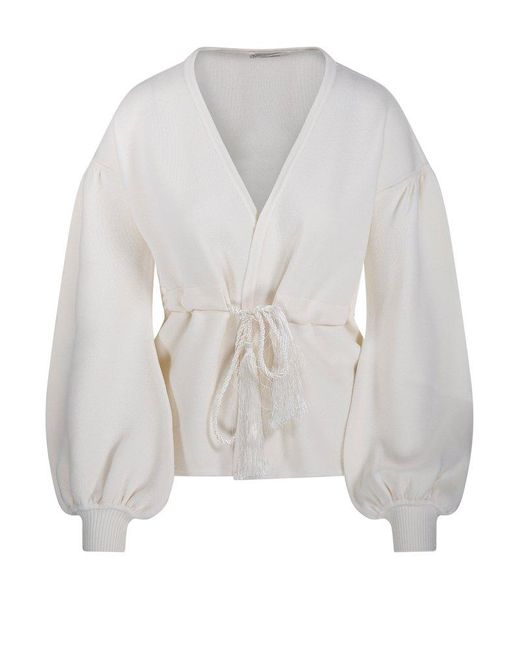 Max Mara White Tiberio V-Neck Tassel Detailed Cardigan