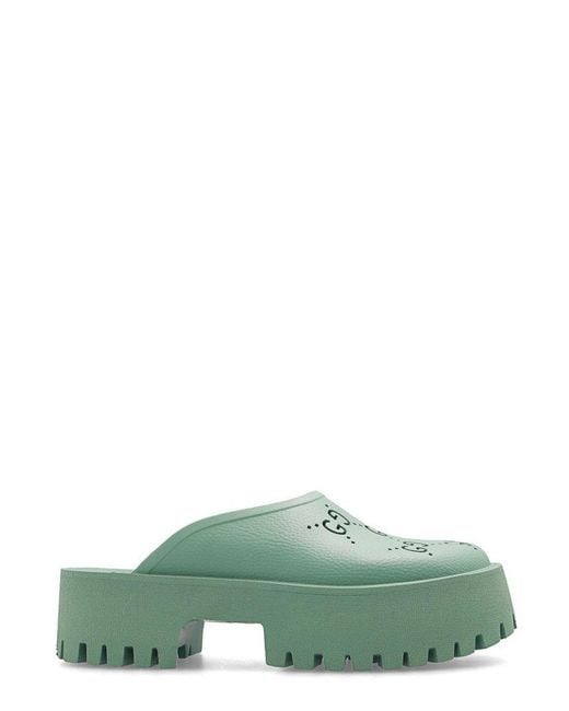 Gucci Green Perforated GG Round Toe Platform Mules