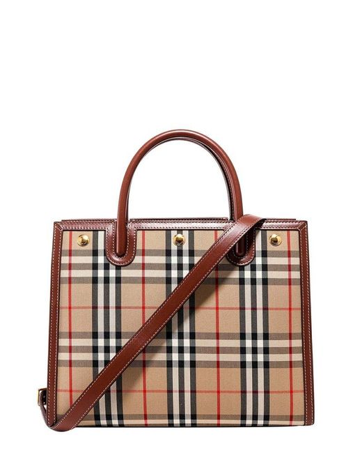 Burberry Small Vintage Check Top Handle Title Bag in Natural | Lyst