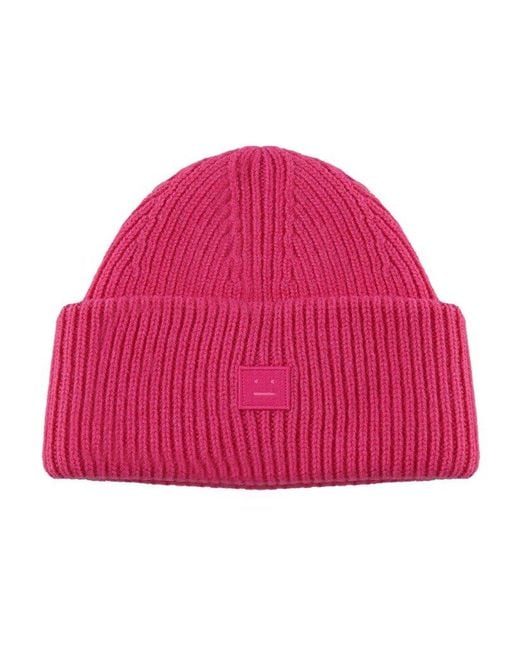 Acne Red Logo Detailed Ribbed Beanie