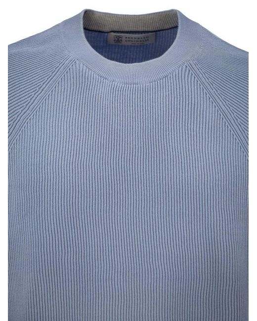 Brunello Cucinelli Blue Cotton Rib Sweater With Raglan Sleeve for men