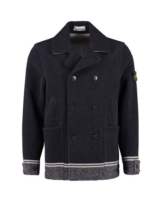 Stone Island Blue Wool Blend Double-breasted Coat for men