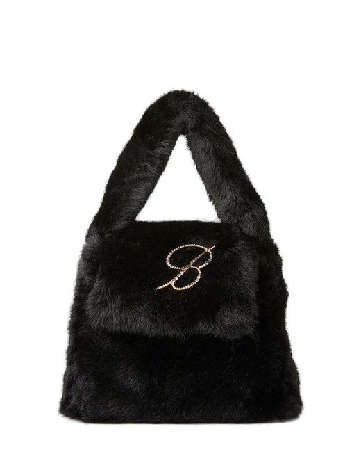 Blumarine Logo Embellished Faux Fur Top Handle Bag in Black | Lyst