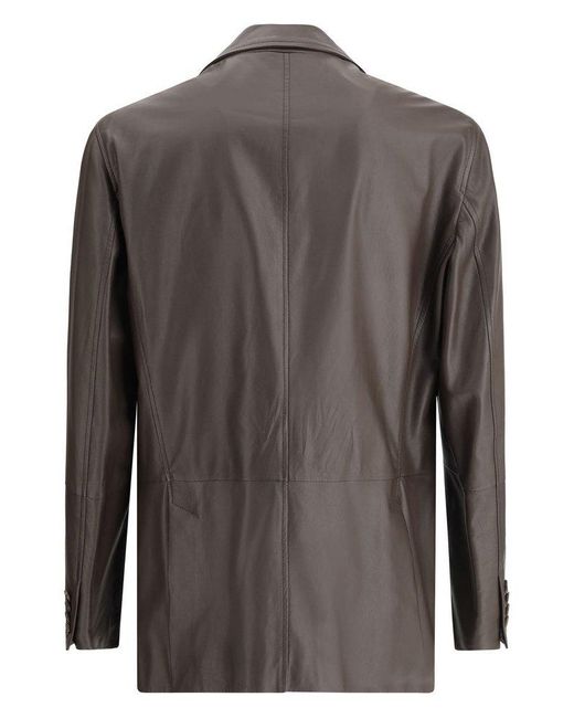 Brunello Cucinelli Brown Single-Breasted Leather Jacket for men