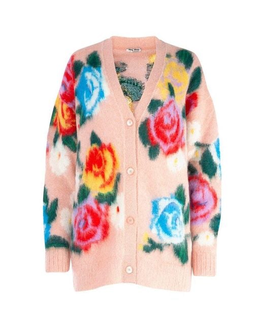 Miu Miu Red Floral Printed Oversized Knitted Cardigan