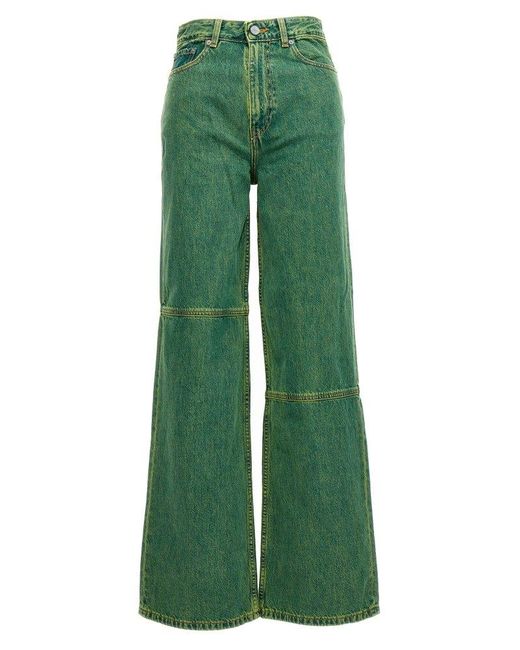 Ganni Green Logo Patch Wide-leg Bleached Jeans