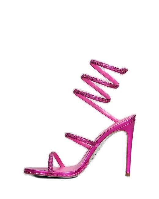 Rene Caovilla Pink René Caovilla Embellished Spiral Strap Heeled Sandals