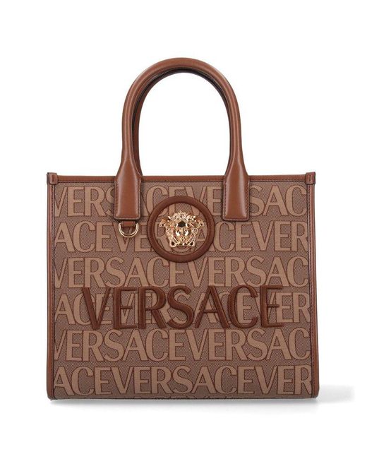 Versace Brown All-over Logo Jacquard Small Tote Bag