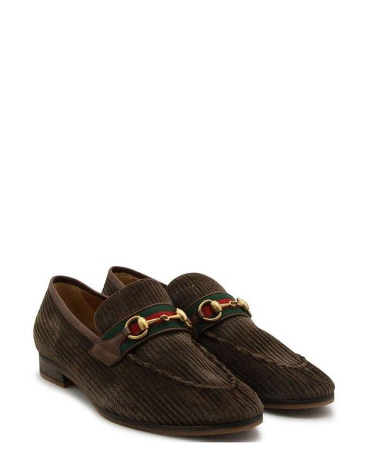 Gucci Brown Horsebit Almond-toe Corduroy Loafers for men