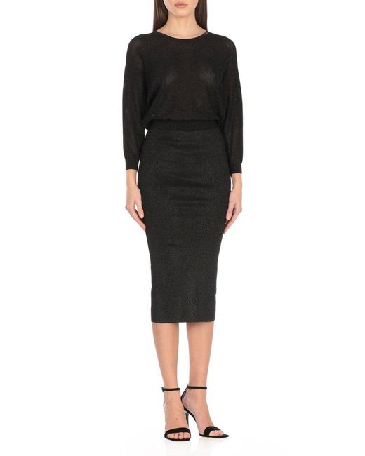 Elisabetta Franchi Black Viscose Midi Dress With Perforated Detailing