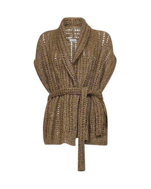Brunello Cucinelli Natural Mud Silk And Linen Dazzling Cardigan