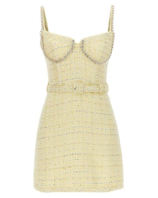 Self-Portrait Yellow Bouclé Diamante Trim Mini Dress Dresses