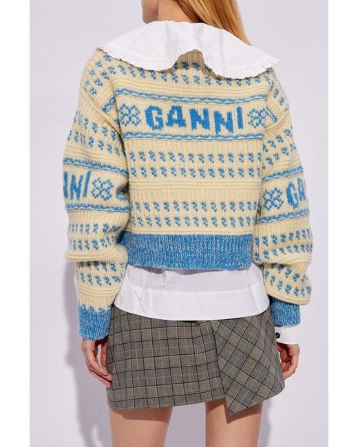 Ganni Blue Wool Sweater With Logo,