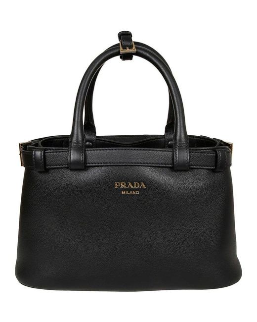 Prada Black Buckle-Detailed Logo Embossed Large Tote Bag