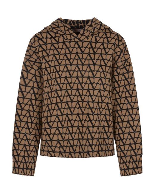 Valentino Brown All-over Logo Patterned Long-sleeved Hoodie