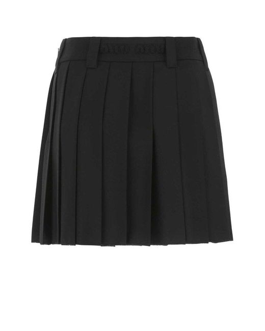 Miu Miu Logo Waistband Pleated Mini Skirt in Black | Lyst