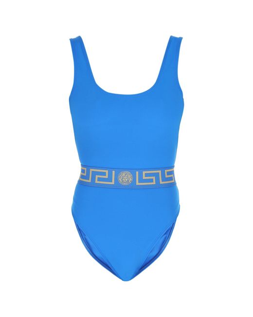 Versace Synthetic Greca Border Low Back Swimsuit in Blue - Lyst