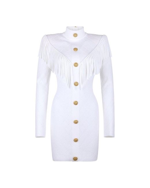 Balmain White High Neck Fringed Knitted Minidress