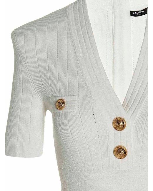 Balmain White Knitted Button-embellished Minidress