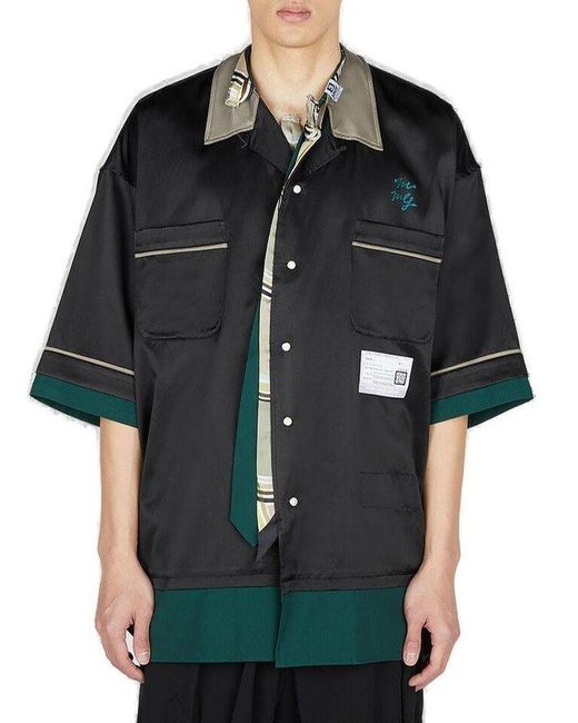 Maison Mihara Yasuhiro Black Logo-patch Short-sleeved Bowling Shirt for men