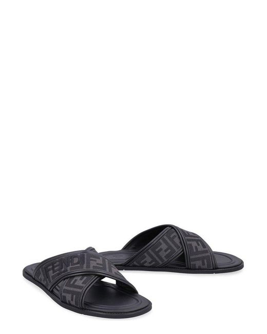 Fendi Ff Logo Detail Crossed Slides in Black for Men | Lyst