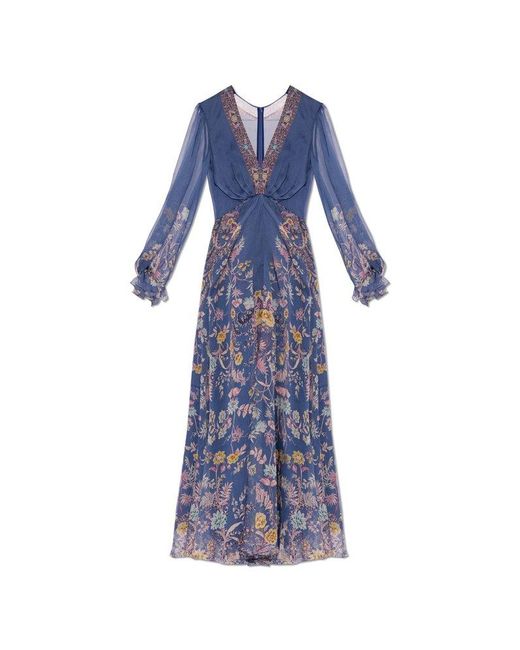 Etro Blue Floral Printed Long Sleeved V-neck Dress