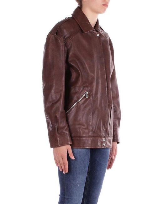 Pinko Brown Press-Stud Fastened Leather Jacket
