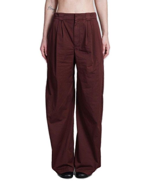 Lemaire Red Wide Leg Pleated Trousers