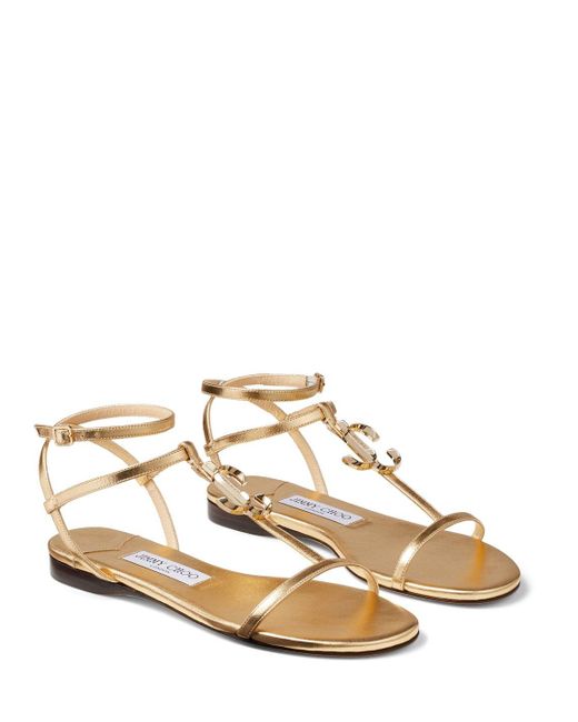 Jimmy Choo Leather Logo Plaque Flat Sandals in Gold (Metallic) - Lyst