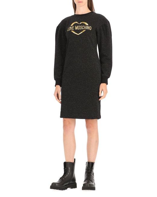 Love Moschino Black Logo Detailed Puff Sleeved Dress