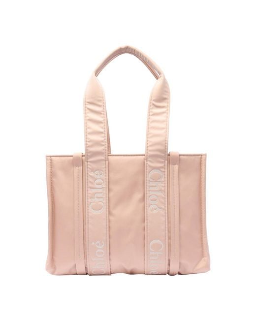 Chloé Pink Woody Logo Embroidered Medium Tote Bag