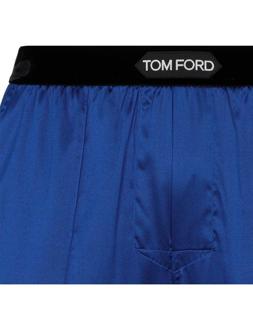 Tom Ford Blue Logo Waistband Satin Pajama Trousers for men