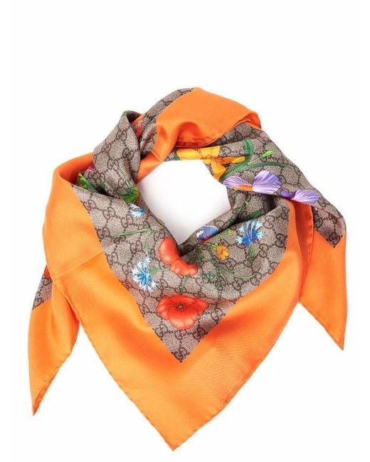 Gucci Orange GG Flora Printed Silk Scarf