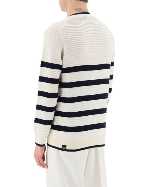 Emporio Armani White Striped Ottoman Knit Sweater for men