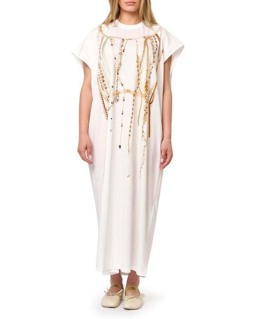 MM6 by Maison Martin Margiela White Bead Detailed Short Sleeved Maxi Dress