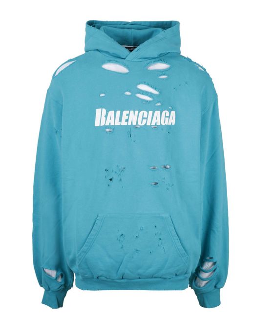 Balenciaga Caps Destroyed Hoodie in Blue | Lyst