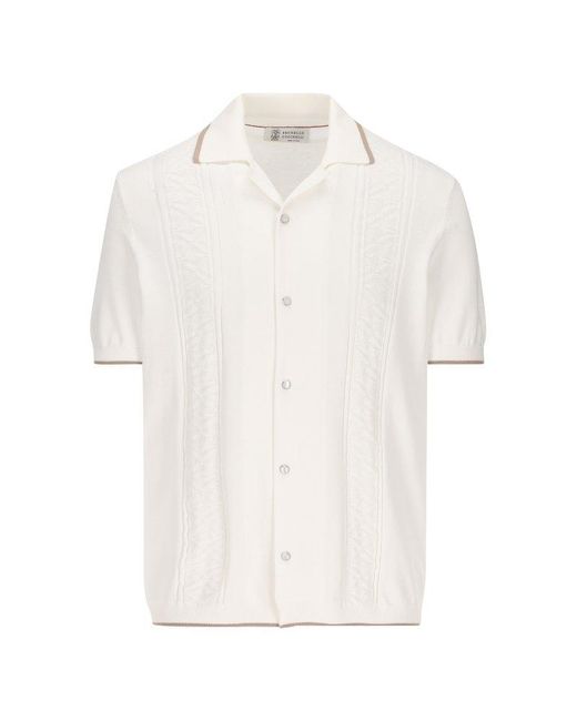 Brunello Cucinelli White Contrasted-trim Knitted Shirt for men
