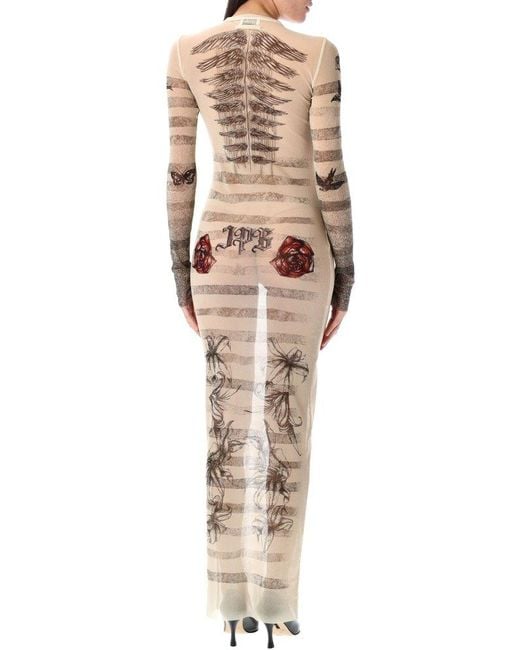Jean Paul Gaultier Natural Mesh Tattoo-Inspired Long Dress