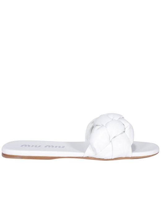 Miu Miu Leather Braided Strap Flat Sandals in White | Lyst